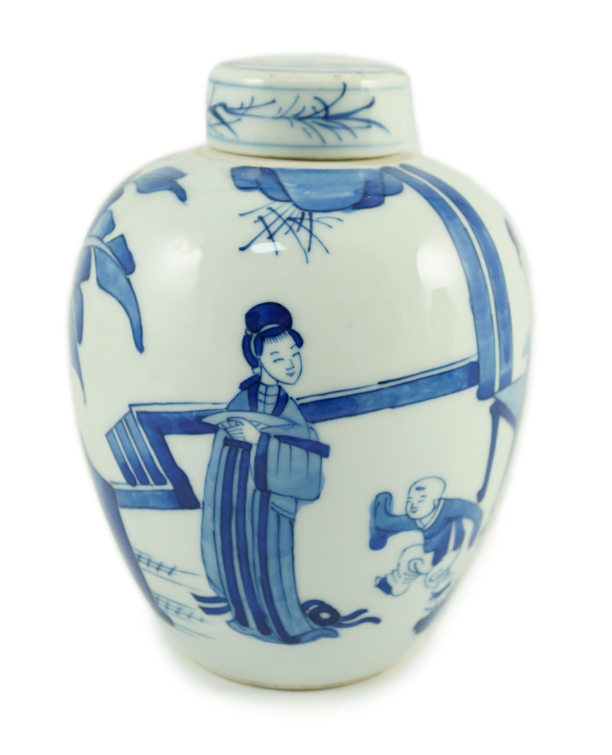 A Chinese blue and white jar and cover, probably Kangxi period, 15 cms high, 14.8cm high, small glaze losses to cover